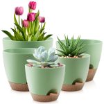 FOUKUS Set of 5 Self-Watering Plant Pots with Drainage – Eco-Friendly Plastic Planters for Indoor & Outdoor Use – Pots for Succulents, Cactus, Snake Plants (7, 6.5, 6, 5.5, 5) – Green